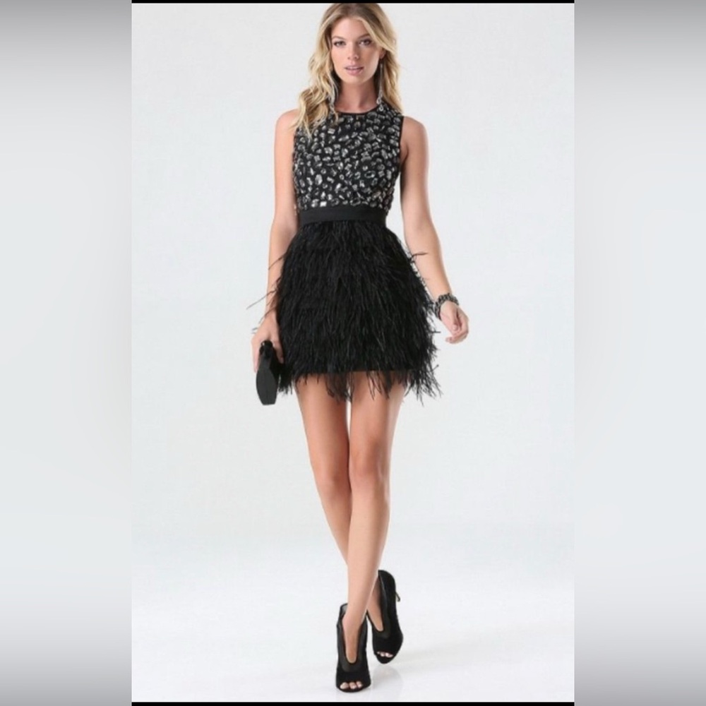 bebe Black Feather-Trim Mini Dress size 6